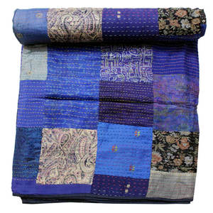 Colcha Vintage India 100% Seda Sari Kantha Patchwork Gudri Ralli, Cubrecama de Algodón con Estampado de Bloques para Uso Doméstico en Invierno - Product Image 5