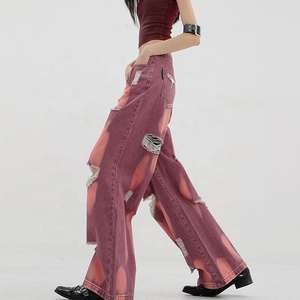 Jean déchiré décontracté taille mi-haute à jambe large longueur genou pour femme - Product Image 5