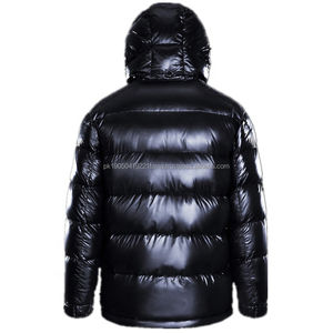 Veste matelassée à col montant en toile brillante en gros 2026, veste d'hiver matelassée à capuche pour homme, logo personnalisé, noir - Product Image 4