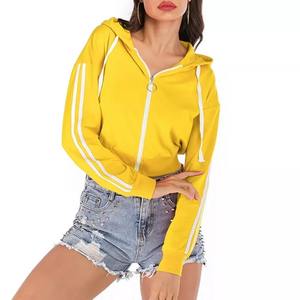 Vente en gros de LOGO personnalisé de haute qualité pour femmes vierge avec fermeture éclair complète et cordon de serrage sweat à capuche à manches longues en polaire douce à rayures - Product Image 1