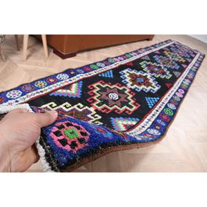 Alfombra Turca Vintage de Lana Azul Herki, 2.7x12.2 pies - Product Image 2