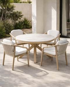 Outdoor <b>Round</b> Dining Table Set With 4 Teak Chairs <b>Cushioned</b> Seating Contemporary Garden Furniture for Patio Terrace - Product Image 1