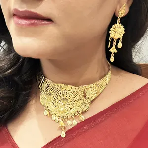 Indian Fashion Jewellery Supplier Antique Gold Plated Floral Peacock Coller Choker Bridal Necklace Earrings Set For Women