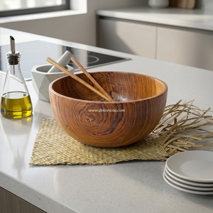Bol rond en bois de teck de style vintage personnalisé, service de salade, ensemble de vaisselle, ustensiles de cuisine, assiette en bois, plats et bols - Product Image 5