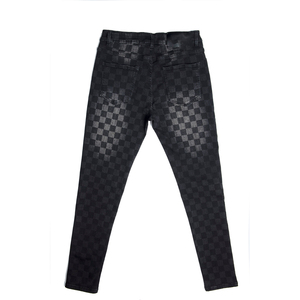 2025 Custom Black Straight Checkered Pattern Skinny <b>Jeans</b> for <b>Men</b> Mid-Waist <b>Flare</b> Pants High Street Style - Product Image 1