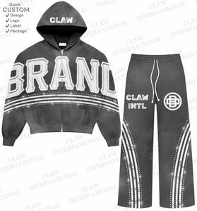 Ensemble de sweats à capuche et de pantalons de survêtement zippés en éponge française personnalisée Survêtements surdimensionnés vierges en coton 100% épais pour hommes - Product Image 1