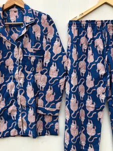 Luxury Hand Block Print Cotton <b>Pajama</b> Set Floral Animal Sleepwear <b>for</b> <b>Summer</b> Plus Size Soft Handcrafted <b>Summer</b> Essentials - Product Image 4