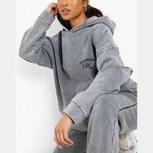 2024 nuevo invierno Casual ropa de calle para mujer conjunto de 2 piezas Sun Faded cordón gota hombro Sudadera con capucha transpirable pantalones de chándal impresos - Product Image 1
