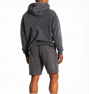 Custom Full Zip Up Hoodie And Short <b>Sets</b> Two Piece Acid Stone Washed Sweatsuit Distressed <b>Embroidery</b> Tracksuit For Men - Product Image 2