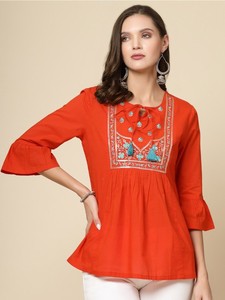 Más vendidos Étnico Bordado Tie-Up Cuello Campana Mangas Reunidos Algodón Casual Top Wear Mujer Ligero algodón Kurti - Product Image 6