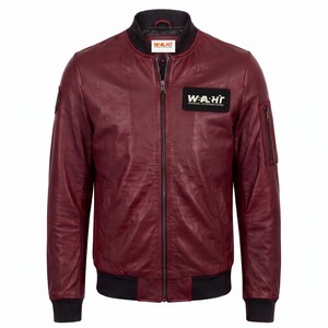 Veste en cuir véritable pour homme, manteau tendance, bomber en cuir de mouton avec patchs, couleur vin - Product Image 1