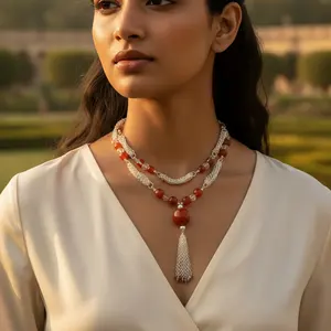 Collier en argent avec pendentif en cornaline pour femmes, bijoux en pierres précieuses à perles tendance - Product Image 1