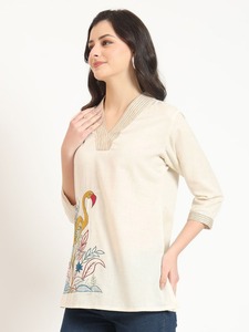 Flamingo femmes haut de bureau ivoire avec dentelle imprimé fleuri bouton avant chemise ouverte été coton broderie décoration coupe régulière - Product Image 4