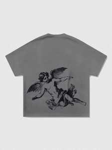 Camisetas de Hombre al por Mayor, Grises, Extra Grandes, con Estampado de Ángel Personalizado, 100% Algodón Grueso, Estilo Urbano Vintage, Corte Holgado, Hombros Caídos - Product Image 5