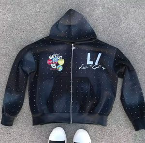 เสื้อฮู้ดมีซิปสำหรับผู้ชายแผ่นปะติดพลอยเทียมซีดจางแบบวินเทจ - Product Image 3