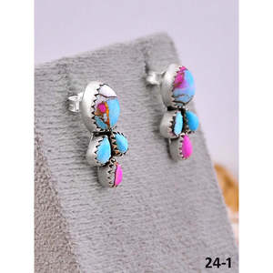 Southwest Style Cotton Candy Turquoise & Sterling <b>Silver</b> <b>Stud</b> Earrings Bezel Setting Flower Pattern Post Earrings - Product Image 3