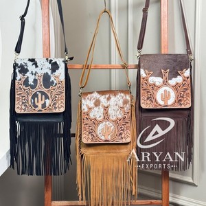 Portable Luxury Boho Hand Tooled Cowhide Leather Crossbody Cactus Fringe Handbag Design Shoulder Genuine Leather Purse for Women - Product Image 1