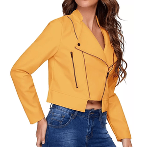 Veste motard respirante en cuir d'agneau véritable jaune pour femme manteau de moto coupe ajustée - Product Image 2