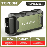 Outil de diagnostic Topdon Rlink J2534 compatible avec plus de 13 véhicules, prend en charge les protocoles CAN FD et DoIP, fonction Pass-Thru VCI, reprogrammation OEM.