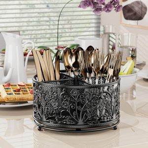 Floral Design Black Metal Utensil Caddy High Quality Flatware Organizer Kitchen Countertop - Product Image 3
