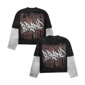 Camiseta de manga larga de gran tamaño de doble capa con lavado ácido de algodón 100% para hombre, camiseta de Fitness de retales con estampado de pantalla y DTG - Product Image 3