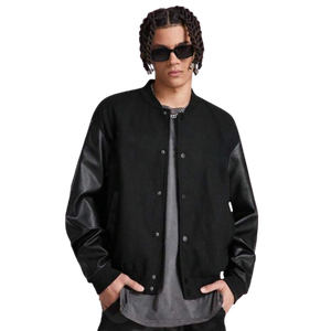 Noir 100% Coton Collège Baseball Veste Hommes Conception Personnalisée Faux Cuir Manches Fermeture à Glissière OEM Hiver Mode Fournisseur - Product Image 1