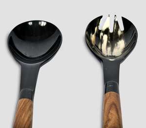 Juego de Servidores de Ensalada de Cuerno Natural Hecho a Mano de Lujo con Mangos de Madera Pulidos Cónicos Únicos, Cuchara Grande para Mezclar y Tenedor para Servir - Product Image 4