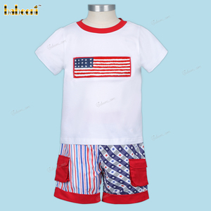 Personnalisé Blanc Drapeau US Brodé Décontracté Luxe Garçons Vêtements Ensemble À La Main 100% Coton Enfants Groupe D'âge OEM ODM En Gros - Product Image 4