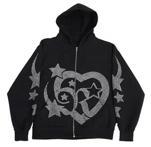 Sudadera con capucha OEM de felpa francesa para hombre, unisex, con estampado en relieve, 100% algodón, de alto gramaje, con pedrería en toda la cara, con cremallera completa, sudaderas personalizadas - Product Image 3