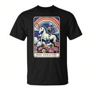 T-shirt Promozionale Sarcastica con Carta dei Tarocchi 'Audacity Skeleton Riding Unicorn' - Product Image 2