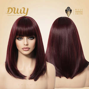 Lila-DWY 14 Inches Burgundy Glueless Machine Made Synthetic <b>Wig</b> with Bangs Mid-Length Straight for Sleek Modern Look for Women - Product Image 5
