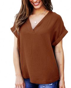 เสื้อยืดคอวีมีสไตล์สำหรับผู้หญิงเสื้อยืดผ้าฝ้ายแขนสั้นเสื้อคอวีผ้าฝ้ายขายส่ง - Product Image 3