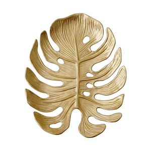 Antique gold monstera leaf dish decorative jewelry holder tray metal <b>organizer</b> elegant tropical platter table decor gift - Product Image 1