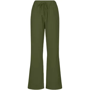 Pantalones de lino verde oscuro sólido personalizados para mujer, pantalones sueltos de pierna ancha de verano con cintura con cordón informal fluido para mujer con bolsillo - Product Image 3