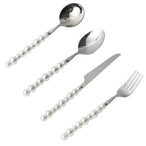 ชุดช้อนส้อมสแตนเลส4ชิ้นมือจับไข่มุกสีขาวสีขาวสีเงิน - Product Image 1