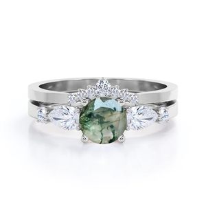 Anillo de Boda Clásico Art Deco con Ágata Verde Musgo de Corte Redondo de 0.8 Quilates, Plata de Ley 925 para Mujer - Product Image 6