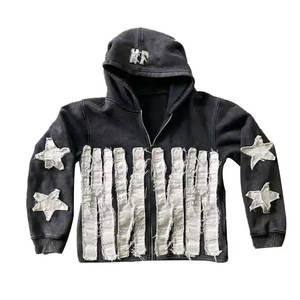 Custom Logo Distressed Embroidery Patch Applique Heavyweight Fleece 100% Cotton <b>Vintage</b> <b>Zip</b> <b>up</b> Crop Acid Wash <b>Hoodie</b> for Men - Product Image 4