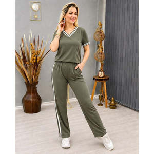 Conjunto de Dos Piezas para Mujer, Blusa de Manga Corta con Cuello en V de Viscosa de Dos Hilos y Pantalones, 37909 - Caqui - Product Image 4