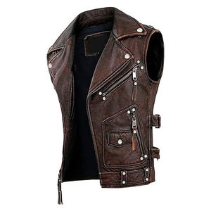 2025 nuevo estilo de hombre Vintage cuero de vaca marrón Biker Chaleco de alta calidad hecho a medida sin mangas motocicleta cuero ropa exterior invierno - Product Image 1