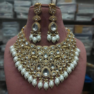 Designer Polki Necklace <b>Set</b> Earrings Matt Gold Plated Alloy <b>Crystal</b> Rhinestone Bridal for Weddings Parties Engagement High - Product Image 1