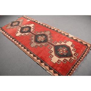 Turkish Vintage <b>Wool</b> Area Rug 3.6x8.4 ft (111x255 Cm) <b>Red</b> Patchwork Rug with Eco-Friendly Latex Backing - Product Image 1