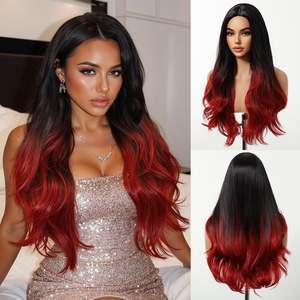 DWY High Temperature Fiber Synthetic Hair <b>Wig</b> Jet Black Red Mixed Glueless Body Wave Straight Style 14 Inches Lace High Quality - Product Image 2