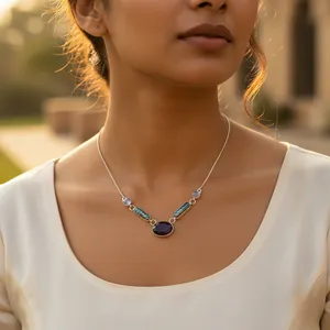 Collier pendentif pour femme en acier inoxydable argenté avec pierre ovale améthyste, chaîne serpent, pour usage quotidien, cadeau, Rajasthan - Product Image 3