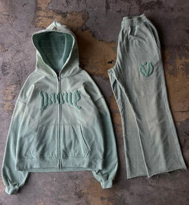 Survêtement vintage délavé à l'acide personnalisé pour hommes Streetwear vieilli coupe et couture Patchwork ensemble sweat à capuche et pantalon de survêtement - Product Image 6