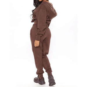 <b>Women's</b> Fall Winter Sweatpants Set Thick <b>Fleece</b> <b>Jogger</b> with Zipper Hoodie 100% Cotton Sweatsuit Eco-Friendly Tracksuit - Product Image 3