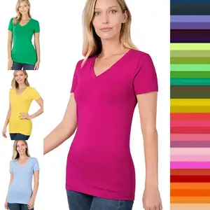 Women's V-neck T-shirts Leisure Vacation Fit 100% Cotton Short Sleeve Top Customized Printed Shirts Fashion Plain Womens T-shirt