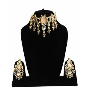 Ensemble de collier Peach Designer Tumble Polki Kundan avec zircon plaqué or et perle pour mariage ou bijoux fins, cadeau idéal - Product Image 1
