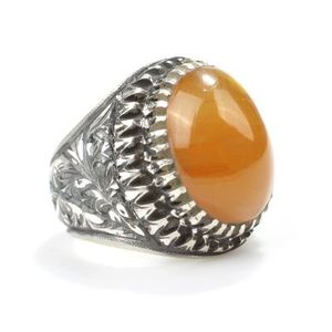<b>925</b> Sterling <b>Silver</b> Men's <b>Ring</b> Pressed Oval Amber with Bezel Setting Pen-Shaped Design for Everyday Wear - Product Image 2