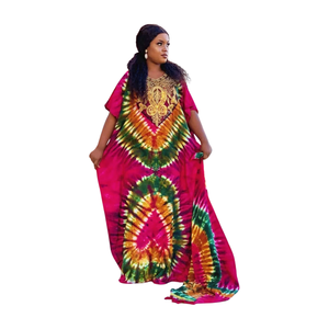 Robe longue décontractée d'été pour femme, style bohème, tie-dye, coupe ample, manches courtes, imprimé géométrique, brodée, respirante, tissée - Product Image 1