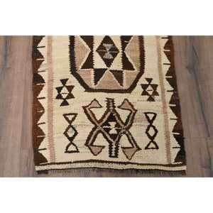 Vintage Turkish Kilim Runner Rug 2.2x7.9 ft, <b>Brown</b> Check Rug <b>Wool</b> - Product Image 2